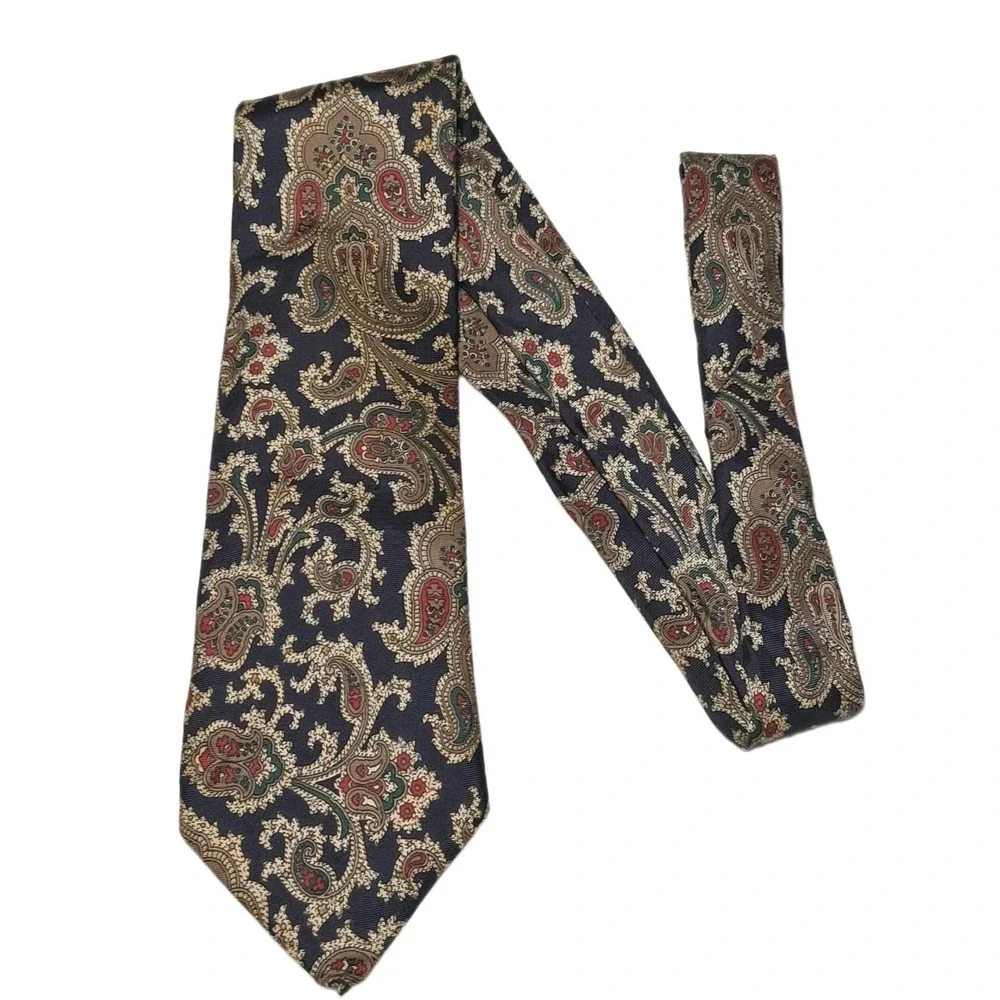 Men's Tie Classic Navy Blue Gold Red Green Paisley 100% Italian Silk Necktie